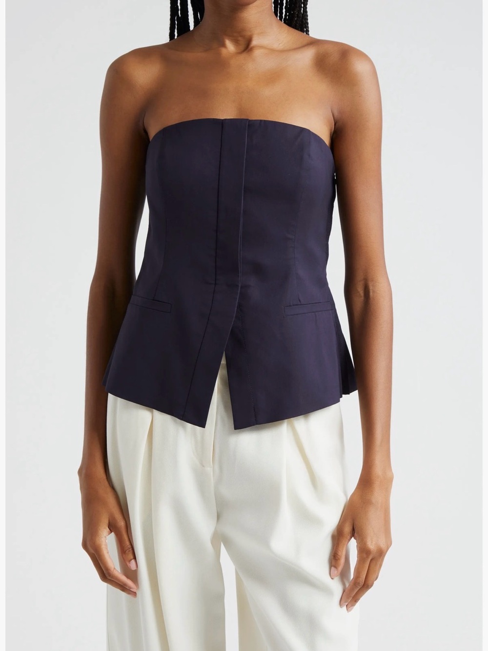 A.L.C. Strapless Navy Structured Peplum Top